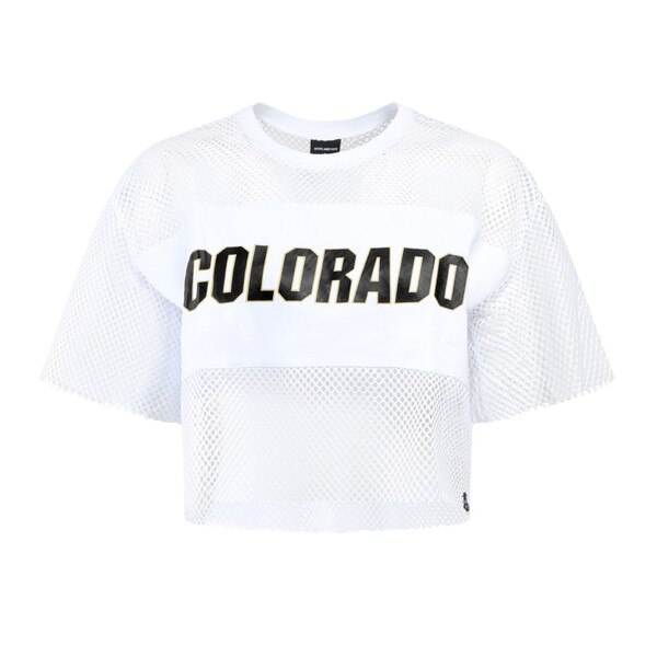 A white women's mesh Hype and Vice cropped t-shirt with "Colorado" on the solid fabric of the body.